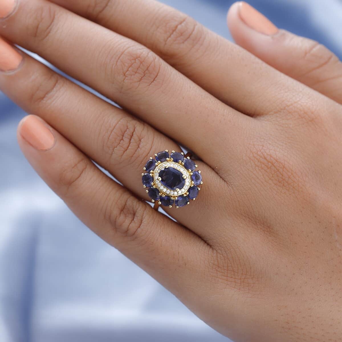 Catalina Iolite and Moissanite Floral Ring in Vermeil Yellow Gold Over Sterling Silver (Size 7.0) 2.50 ctw image number 2