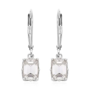 Emerald Cut Moissanite Lever Back Earrings in Platinum Over Sterling Silver 2.10 ctw