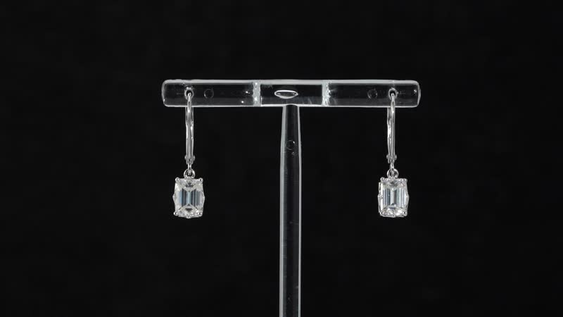 Emerald Cut Moissanite Lever Back Earrings in Platinum Over Sterling Silver 2.10 ctw