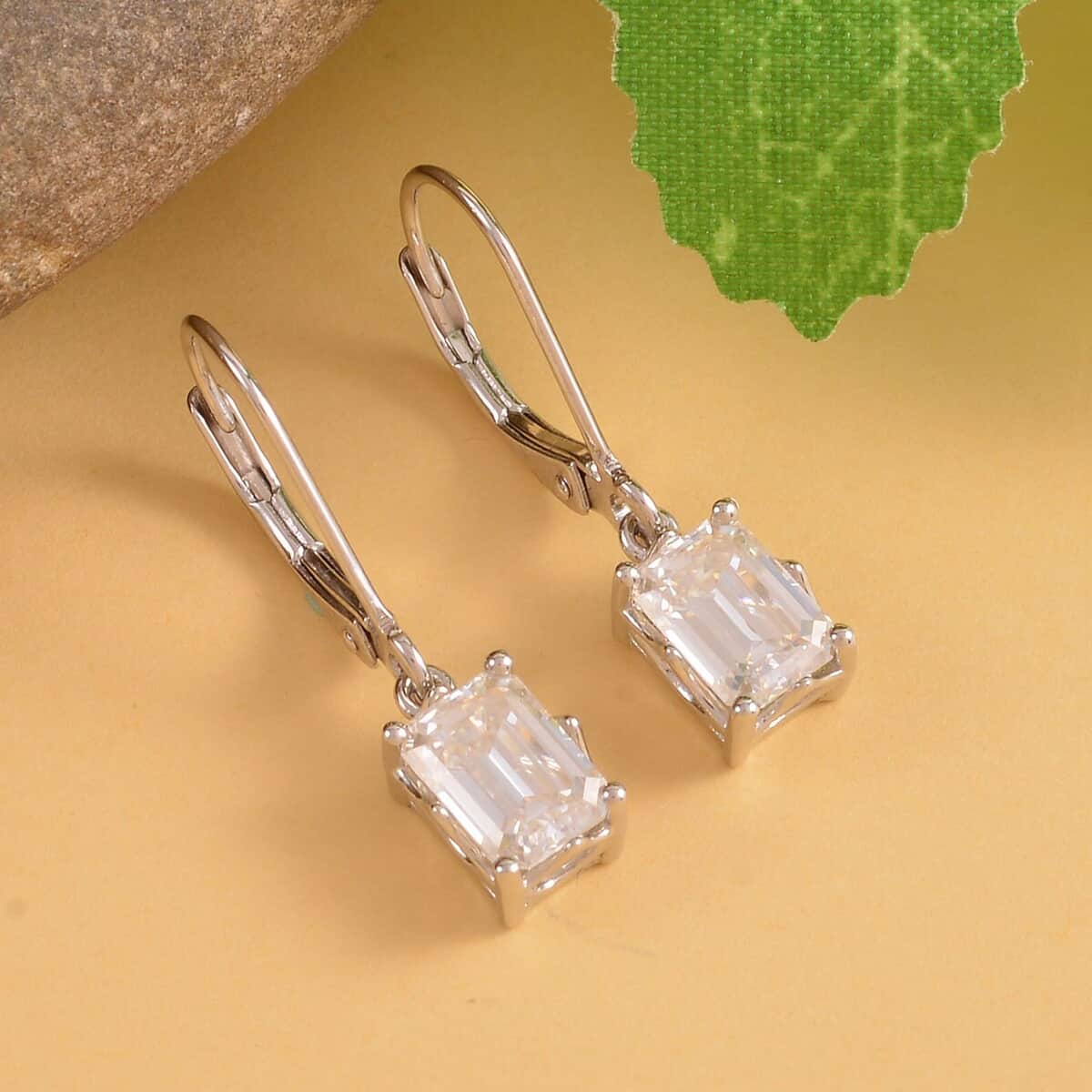 Emerald Cut Moissanite Lever Back Earrings in Platinum Over Sterling Silver 2.10 ctw image number 1