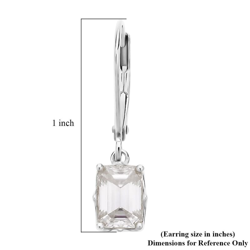 Emerald Cut Moissanite Lever Back Earrings in Platinum Over Sterling Silver 2.10 ctw