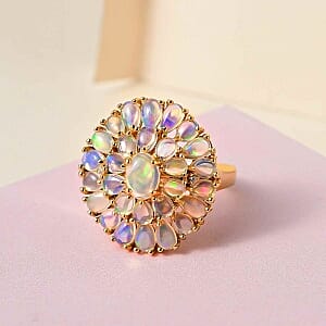 Ethiopian Welo Opal and White Zircon 3.83 ctw Cluster Ring in 14K YG Over Sterling Silver (Size 11.5)