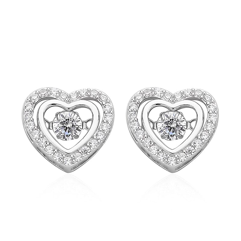 Simulated Diamond Dancing Stone Heart Earrings in Rhodium Over Sterling Silver 1.50 ctw