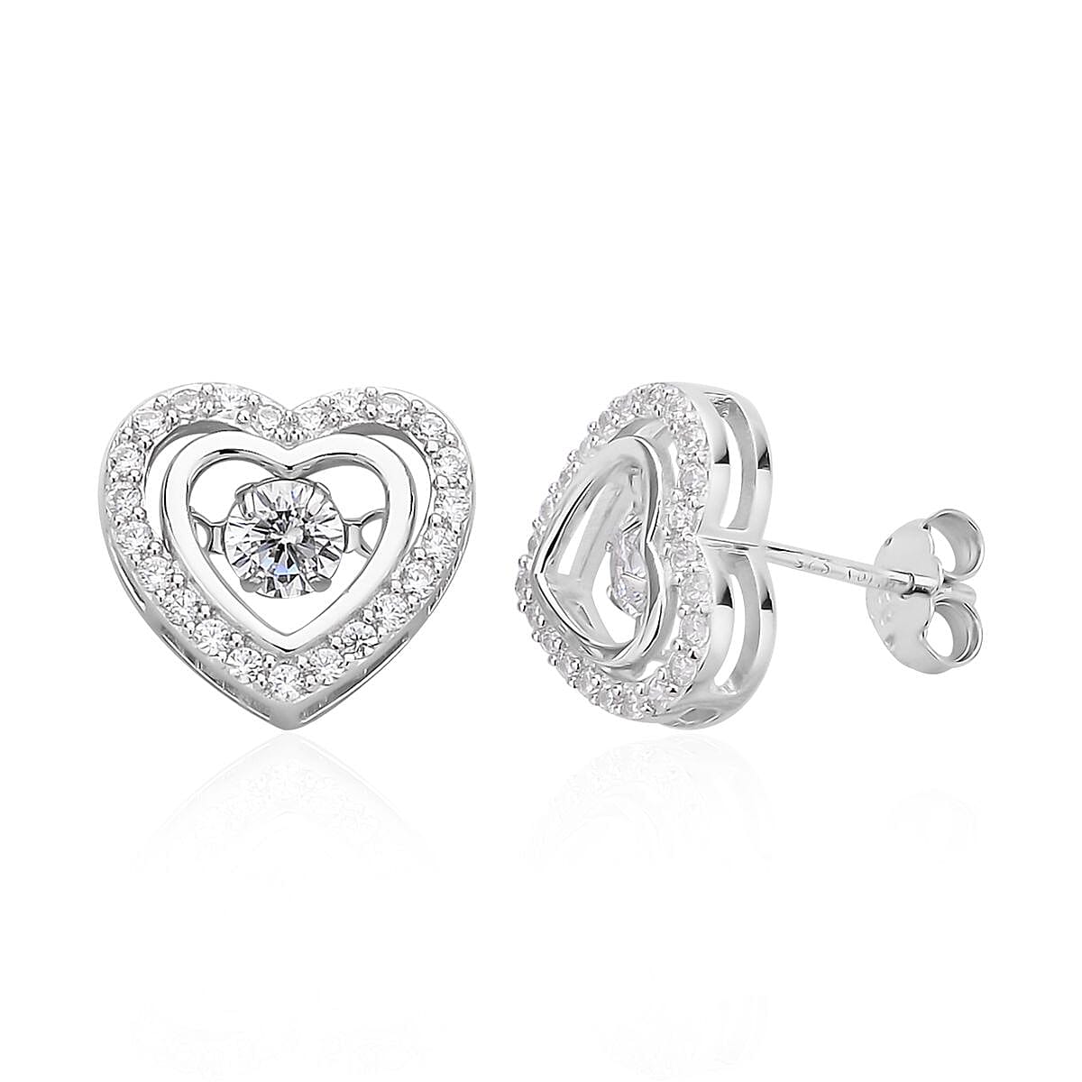 Simulated Diamond Dancing Stone Heart Earrings in Rhodium Over Sterling Silver 1.50 ctw image number 3