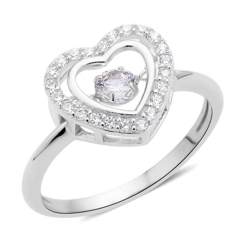 Simulated Diamond Dancing Stone Heart Ring in Rhodium Over Sterling Silver (Size 10.0) 0.75 ctw
