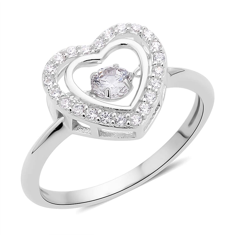 Simulated Diamond Dancing Stone Heart Ring in Rhodium Over Sterling Silver (Size 10.0) 0.75 ctw