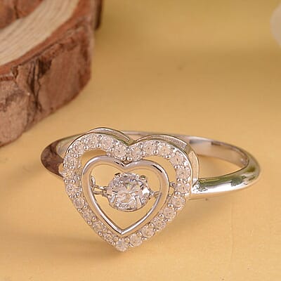 Simulated Diamond Dancing Stone Heart Ring in Rhodium Over Sterling Silver (Size 10.0) 0.75 ctw