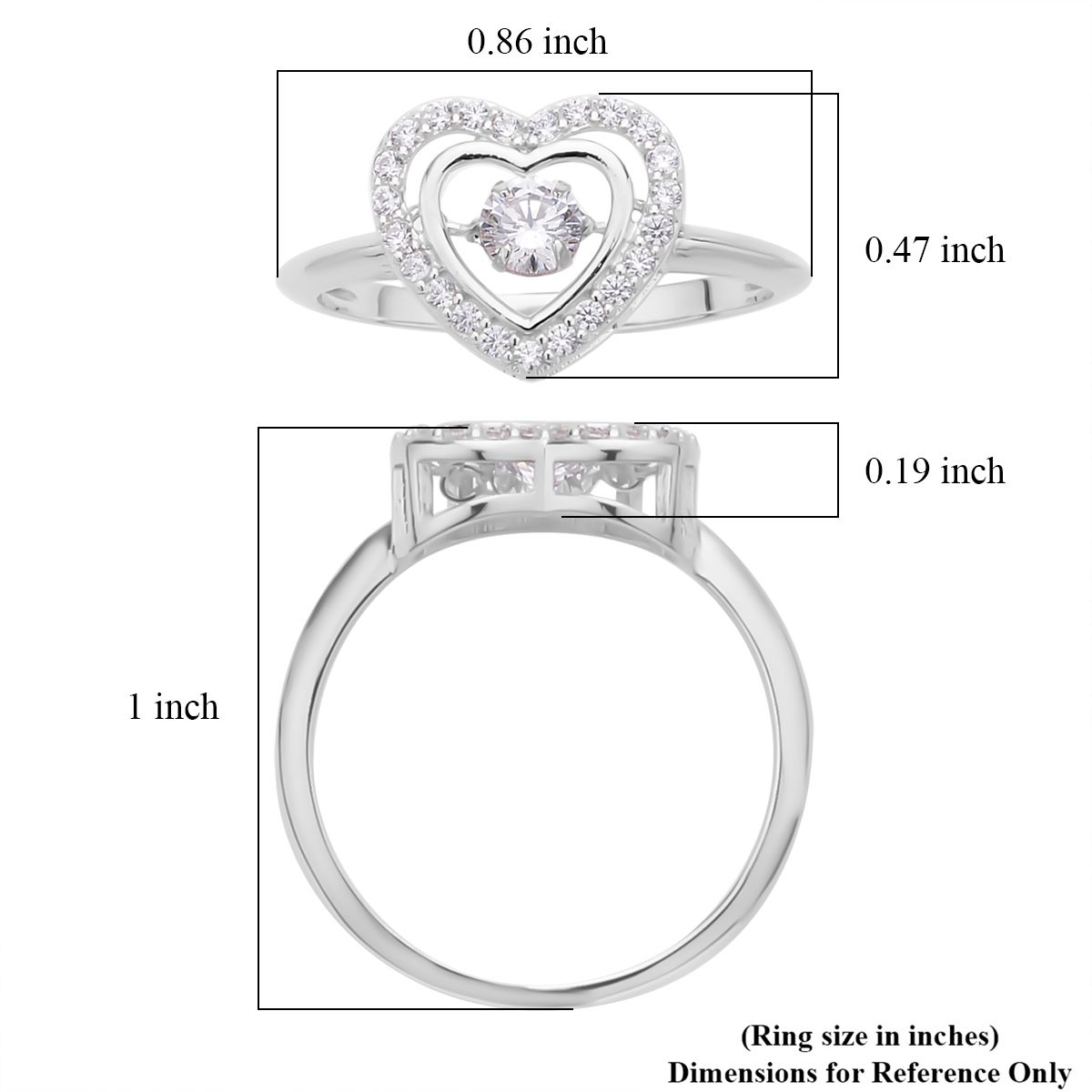 Simulated Diamond Dancing Stone Heart Ring in Rhodium Over Sterling Silver (Size 10.0) 0.75 ctw