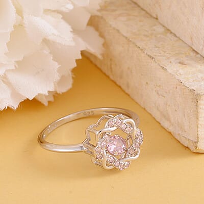 Sparkling Dancing Simulated Pink Diamond Ring in Rhodium Over Sterling Silver (Size 10.0) 0.65 ctw