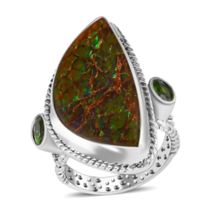Ammolite and Chrome Diopside 14.44 ctw Solitaire Ring in Platinum Over Sterling Silver (Size 5.5) (5.41 g)