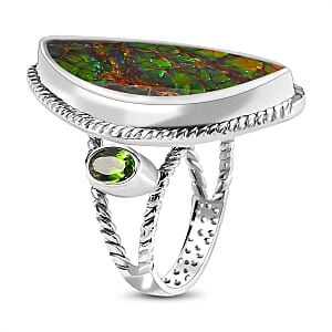 Ammolite and Chrome Diopside 14.44 ctw Solitaire Ring in Platinum Over Sterling Silver (Size 5.5) (5.41 g)