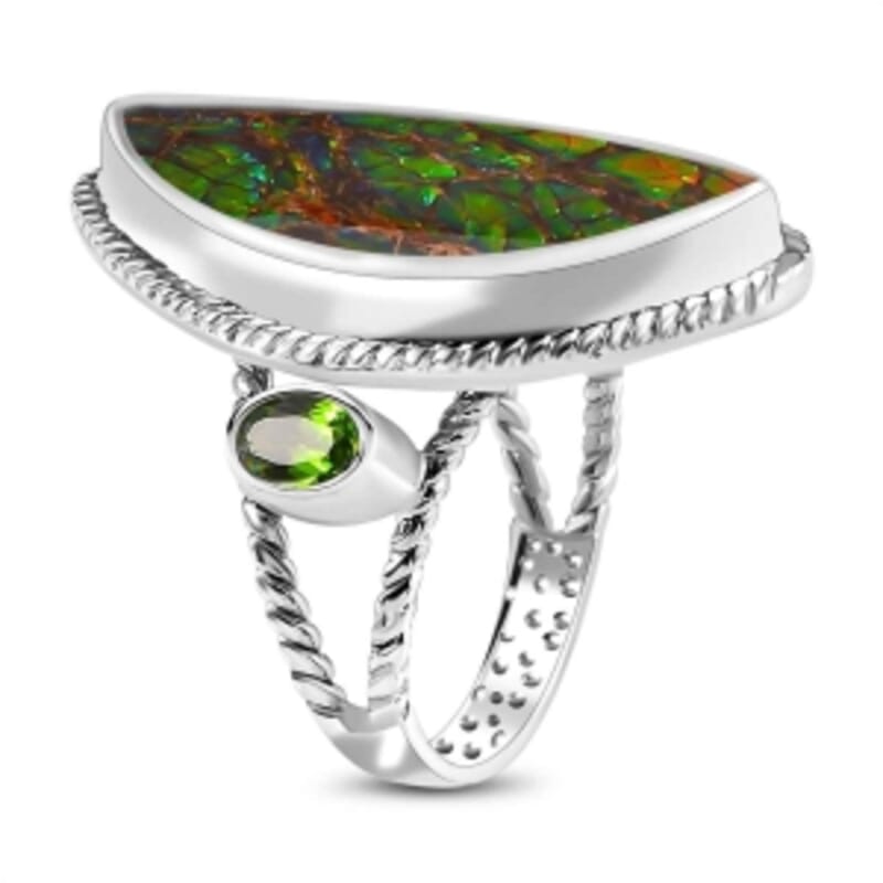 Ammolite and Chrome Diopside 14.44 ctw Solitaire Ring in Platinum Over Sterling Silver (Size 5.5) (5.41 g)