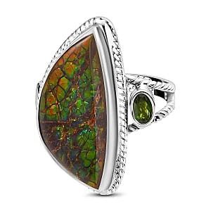 Ammolite and Chrome Diopside 14.44 ctw Ring in Platinum Over Sterling Silver (Size 11.5)