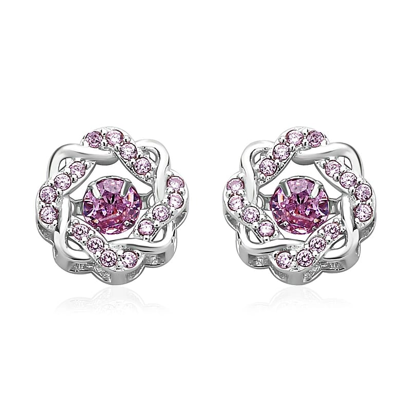 Sparkling Dancing Simulated Pink Diamond Stud Earrings in Rhodium Over Sterling Silver 1.35 ctw