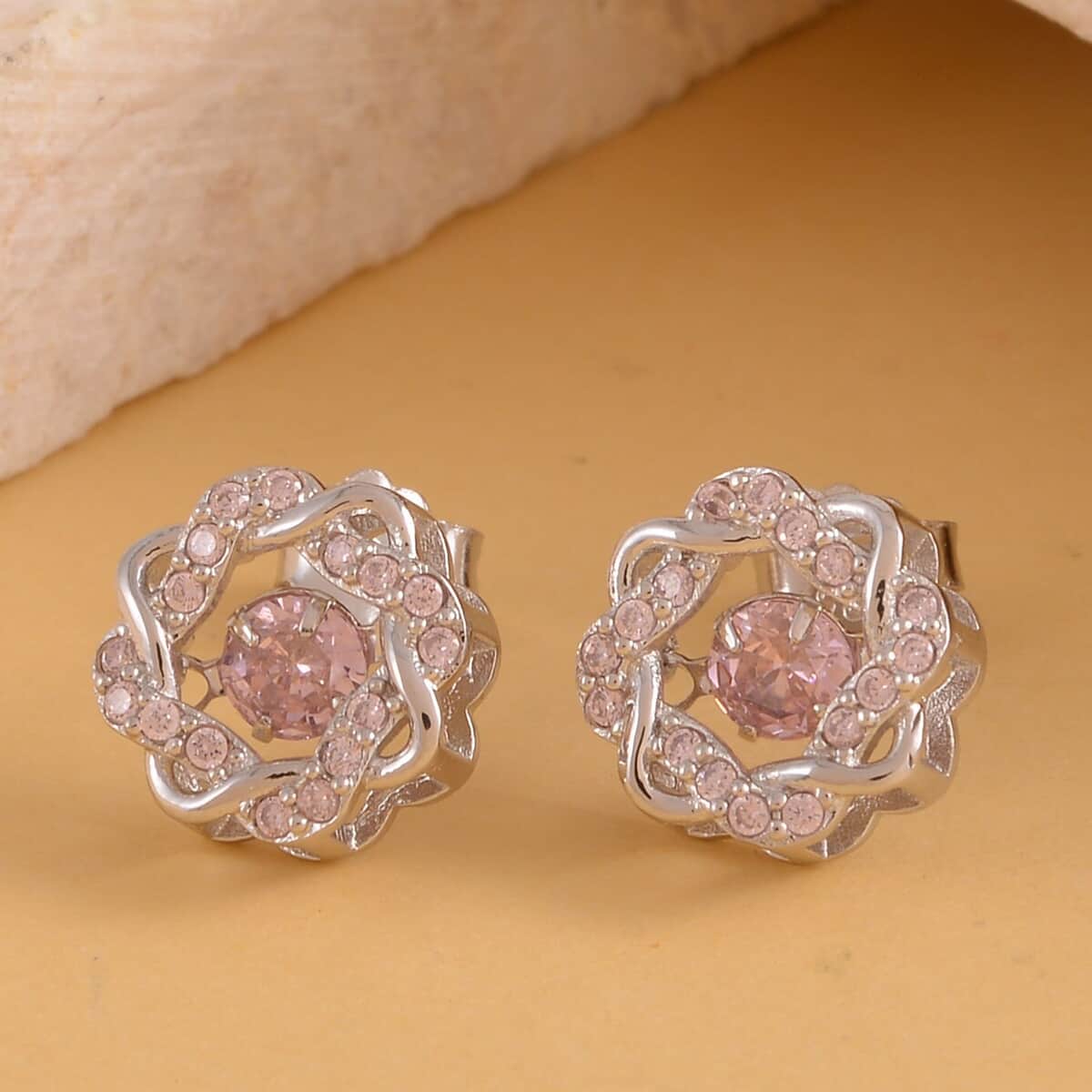 Sparkling Dancing Simulated Pink Diamond Stud Earrings in Rhodium Over Sterling Silver 1.35 ctw image number 1