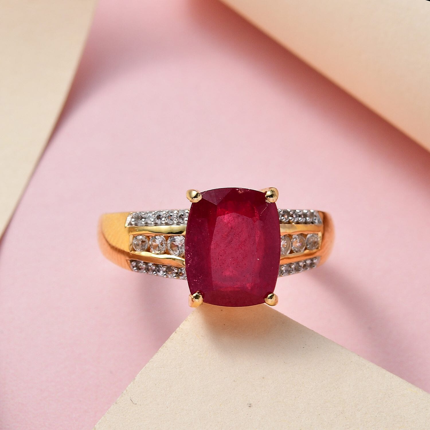 Niassa Ruby (FF) and White Zircon 5.11 ctw Ring in 14K Yellow Gold Over Sterling Silver (Size 11.5)