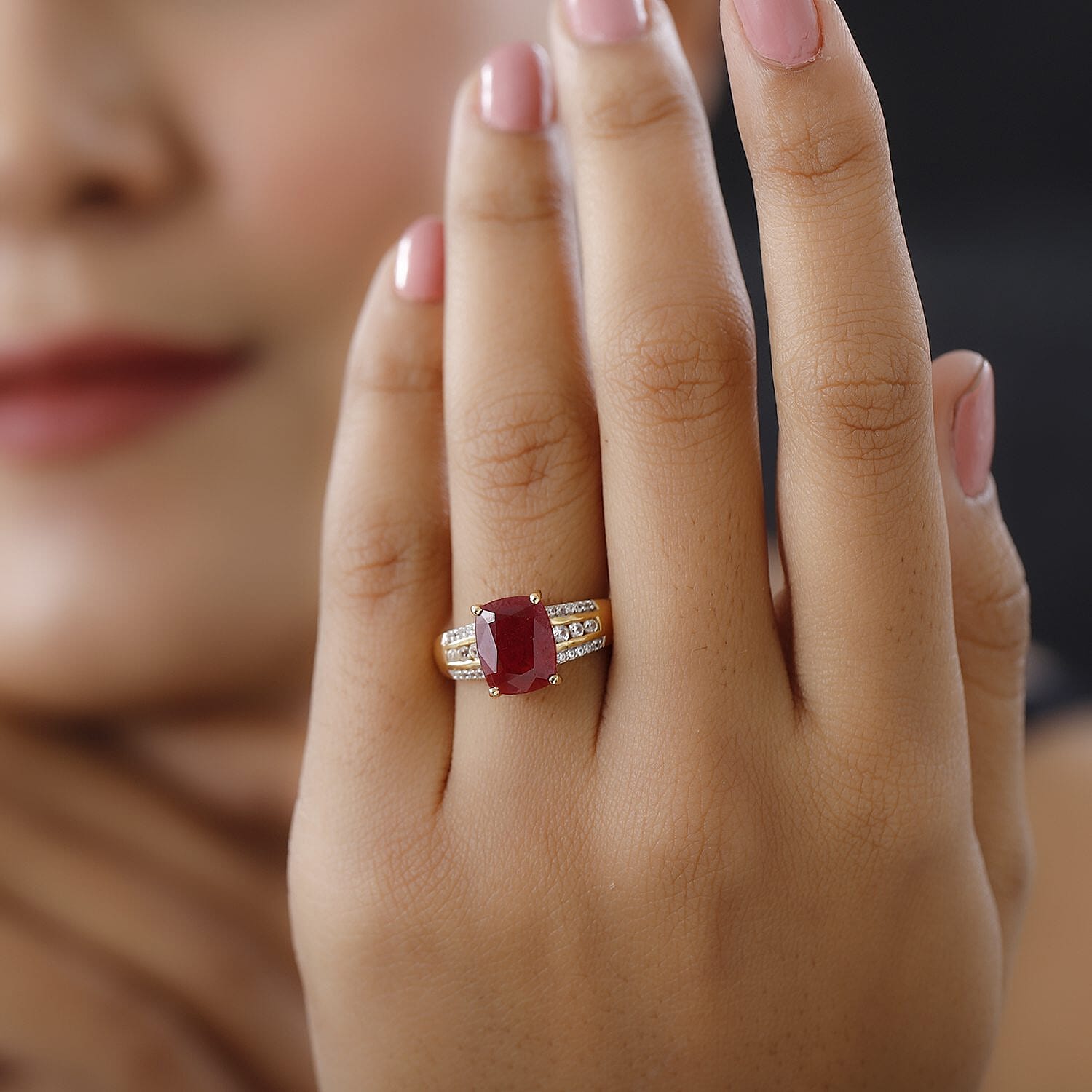 Niassa Ruby (FF) and White Zircon 5.11 ctw Ring in 14K Yellow Gold Over Sterling Silver (Size 11.5)