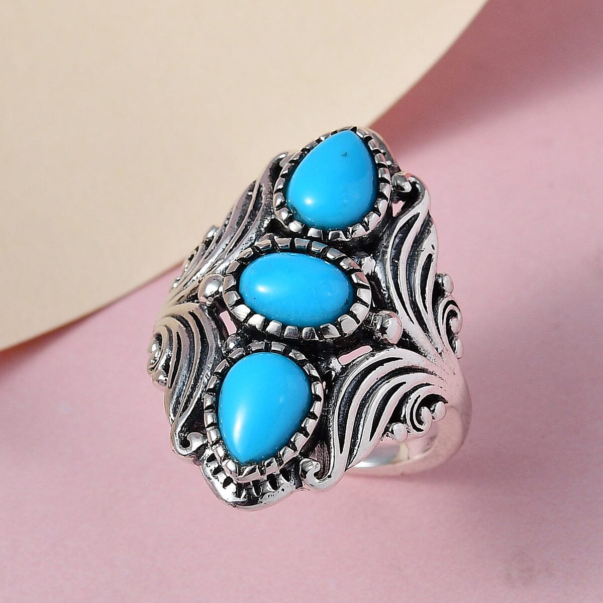Artisan Crafted American Natural Sleeping Beauty Turquoise 3 Stone Ring in Sterling Silver 2.00 ctw image number 1