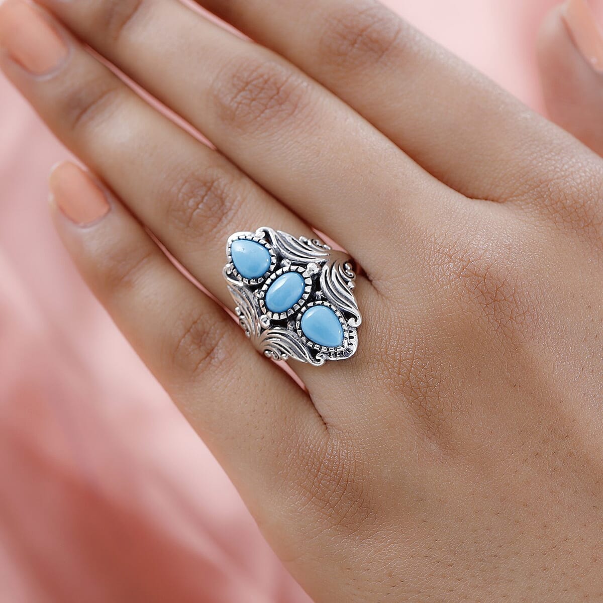 Artisan Crafted American Natural Sleeping Beauty Turquoise 3 Stone Ring in Sterling Silver 2.00 ctw image number 2
