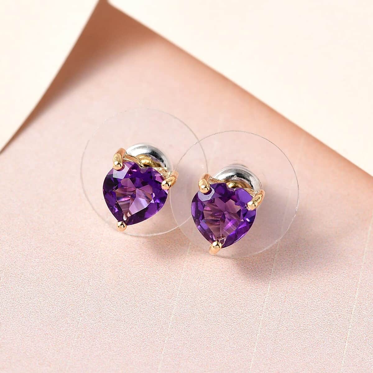 Uruguayan Amethyst Heart Stud Earrings in Vermeil Yellow Gold Over Sterling Silver 1.35 ctw image number 1