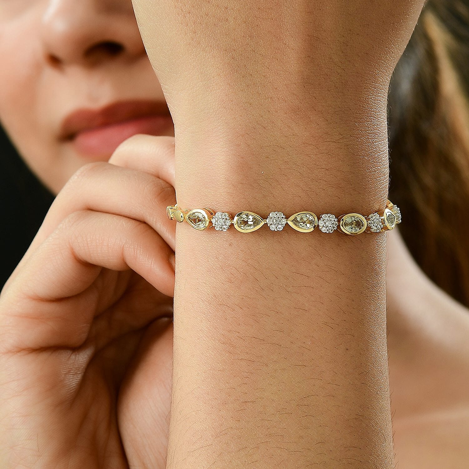 Turkizite and White Zircon 4.13 ctw Bracelet in 18K Vermeil Yellow Gold Over Sterling Silver (8.0 In)