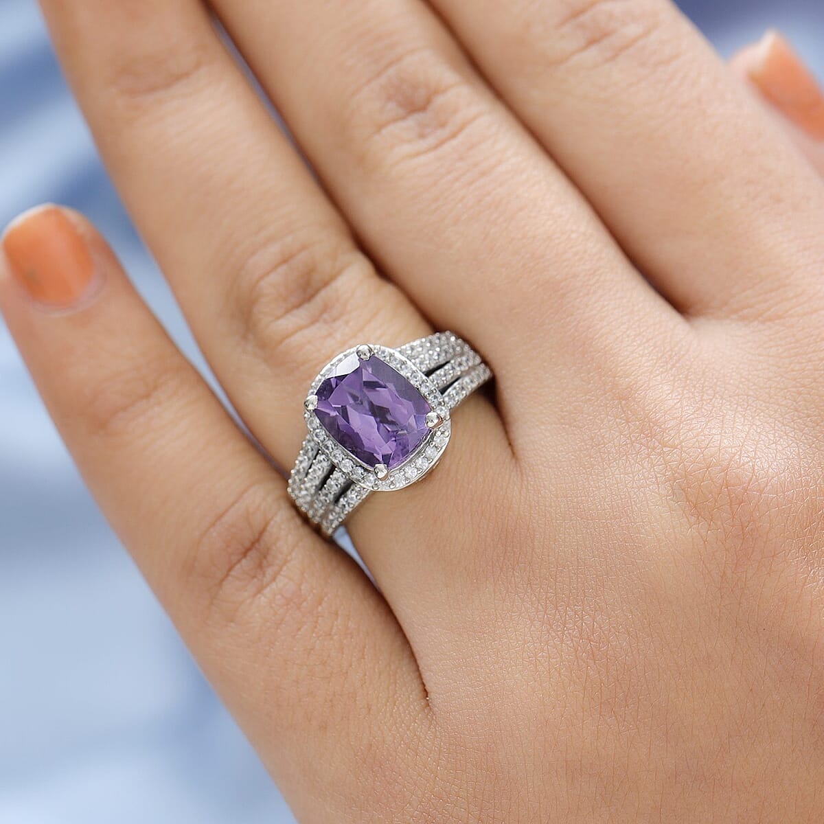 Uruguayan Amethyst and Natural White Zircon Ring in Platinum Over Sterling Silver 3.50 ctw image number 2