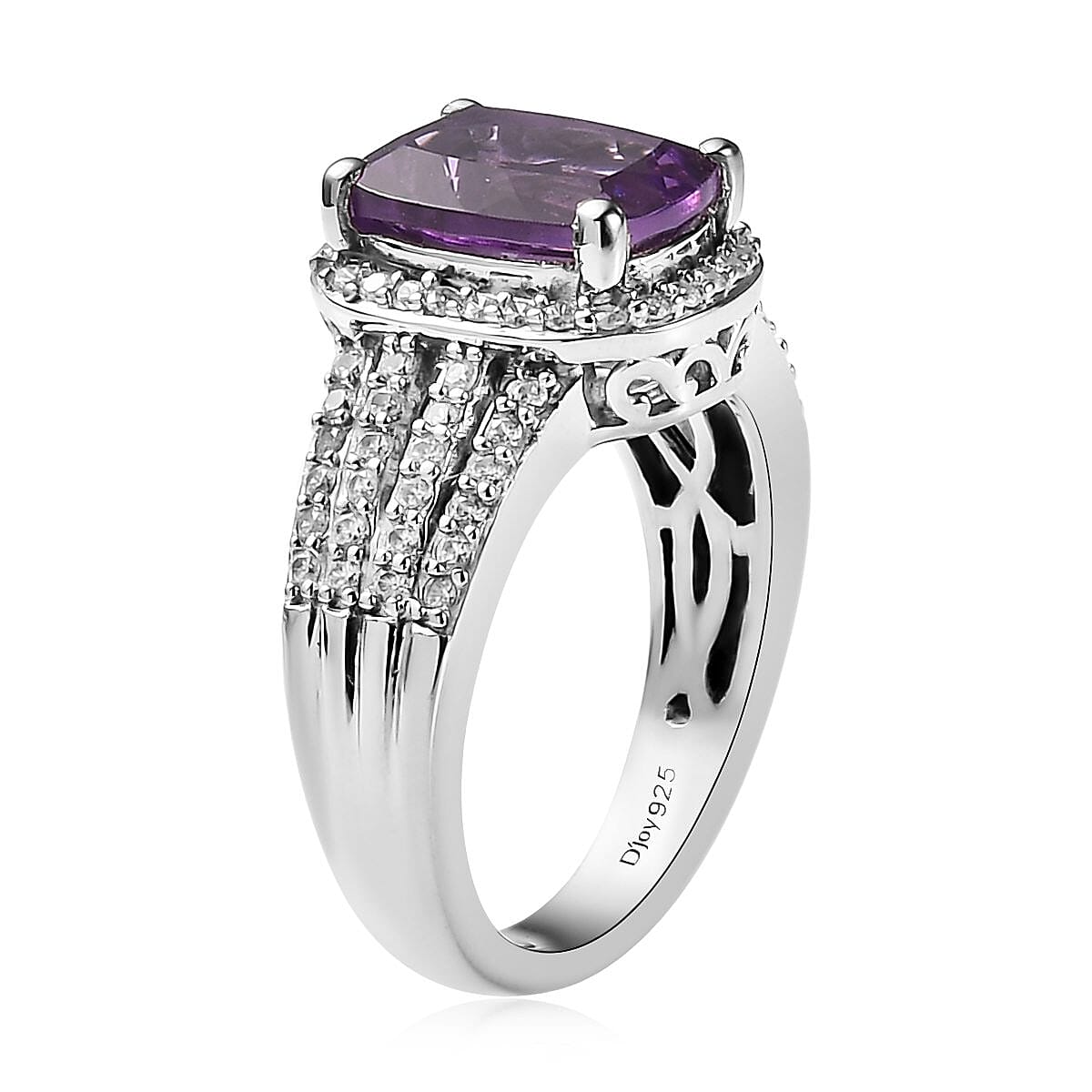 Uruguayan Amethyst and Natural White Zircon Ring in Platinum Over Sterling Silver 3.50 ctw image number 3