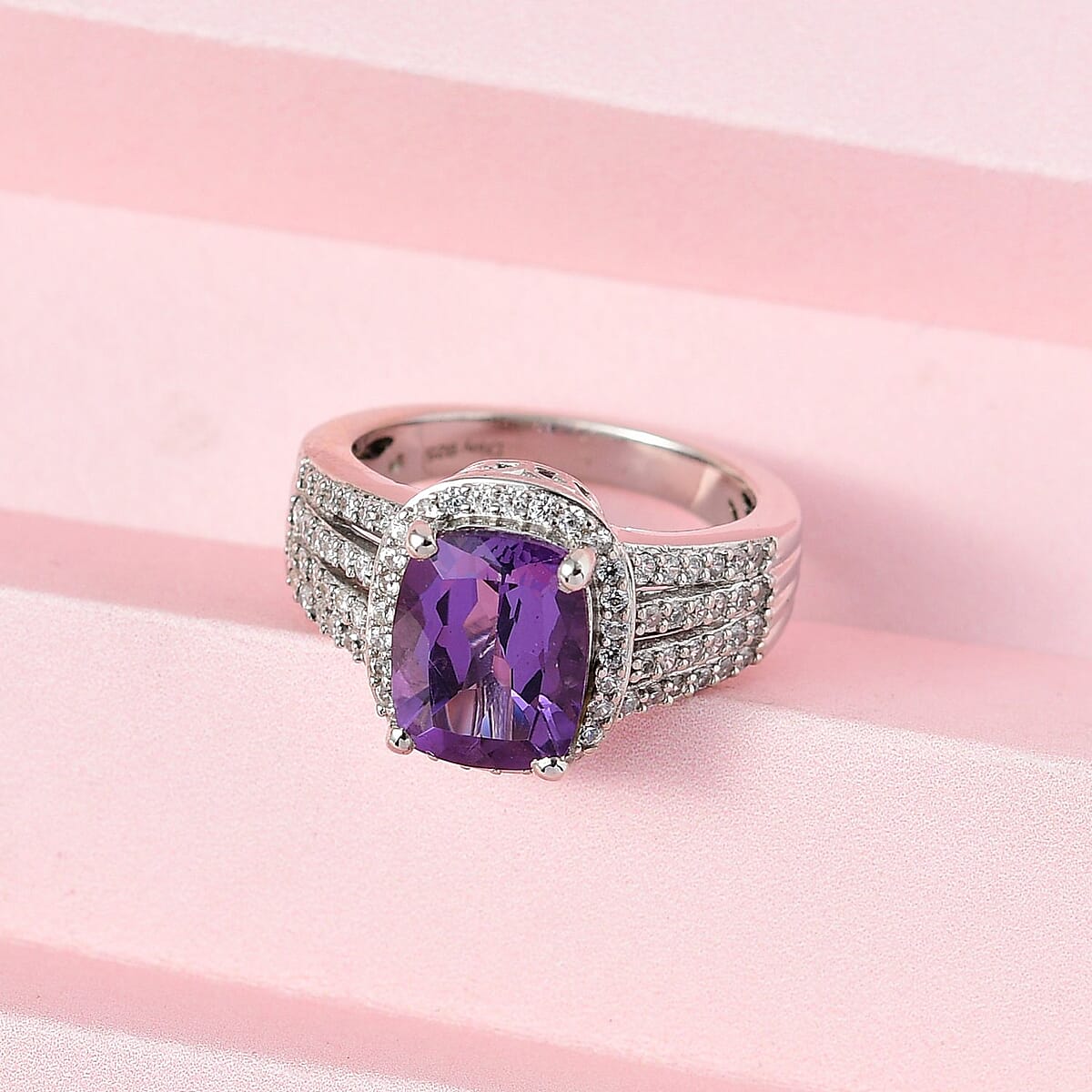 Uruguayan Amethyst and Natural White Zircon Ring in Platinum Over Sterling Silver (Size 9.0) 3.50 ctw image number 1