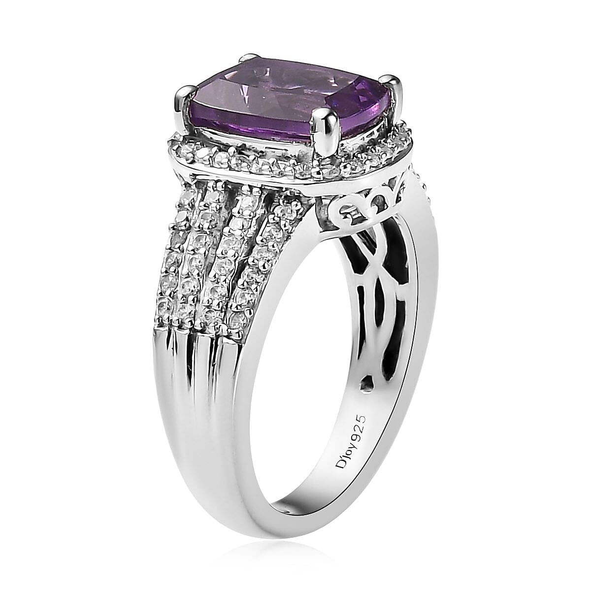 Uruguayan Amethyst and Natural White Zircon Ring in Platinum Over Sterling Silver (Size 9.0) 3.50 ctw image number 3