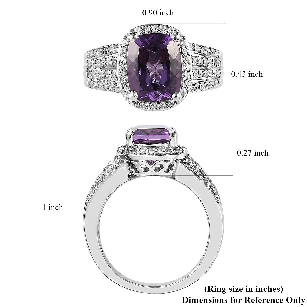 Uruguayan Amethyst and Natural White Zircon Ring in Platinum Over Sterling Silver (Size 9.0) 3.50 ctw image number 5