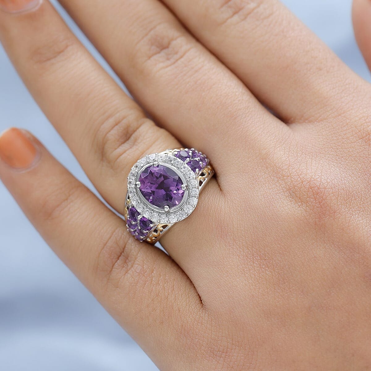 Uruguayan Amethyst and Multi Gemstone Ring in Vermeil Yellow Gold and Platinum Over Sterling Silver 2.60 ctw image number 2