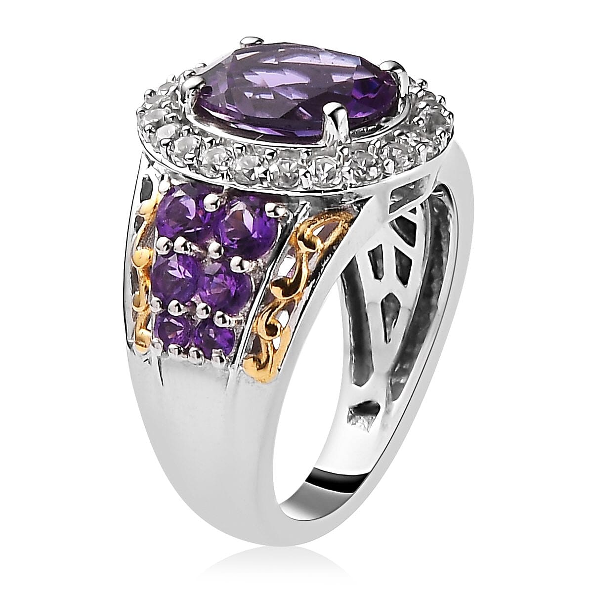 Uruguayan Amethyst and Multi Gemstone Ring in Vermeil Yellow Gold and Platinum Over Sterling Silver 2.60 ctw image number 3