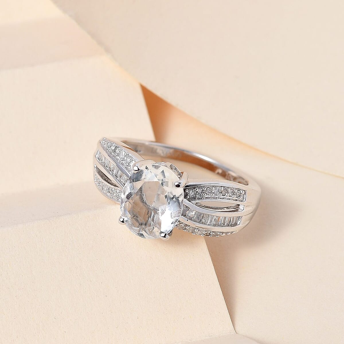 Luxoro 10K White Gold Premium Mexican Hyalite Opal and G-H I3 Diamond Ring (Size 7.0) with Free UV Flash Light 1.85 ctw image number 1