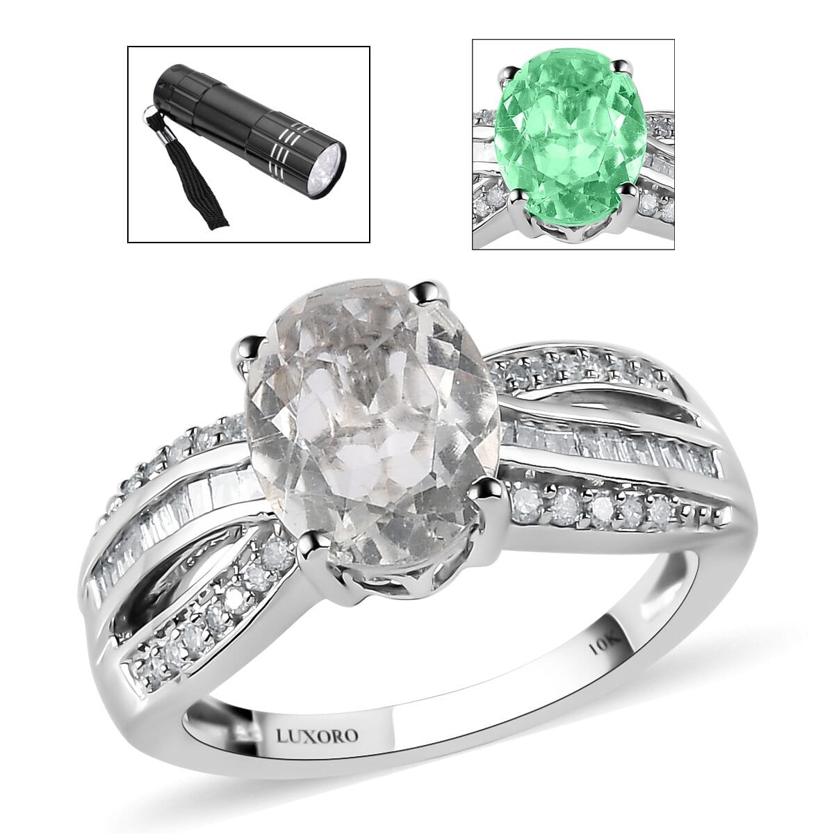 Luxoro 10K White Gold Premium Mexican Hyalite Opal and G-H I3 Diamond Ring (Size 9.0) with Free UV Flash Light 1.85 ctw image number 0