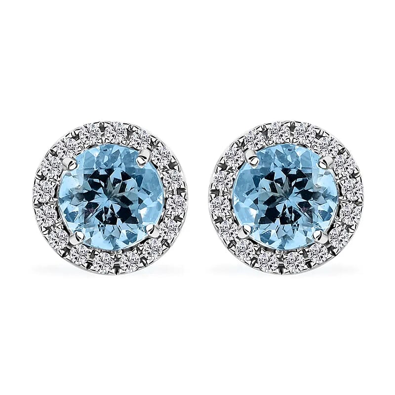 Certified and Appraised Iliana 18K White Gold AAA Santa Maria Aquamarine and G-H SI Diamond Halo Stud Earrings, Diamond Halo Earrings, Aquamarine Earrings, 18K White Gold Earrings 1.20 ctw