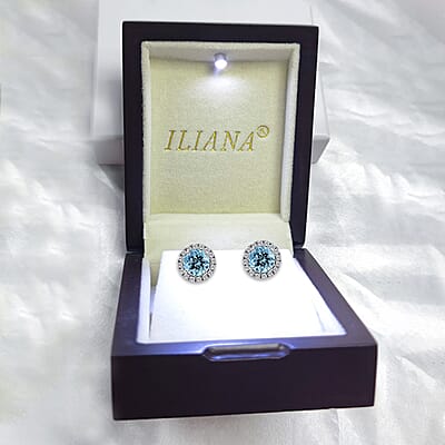 Certified and Appraised Iliana 18K White Gold AAA Santa Maria Aquamarine and G-H SI Diamond Halo Stud Earrings, Diamond Halo Earrings, Aquamarine Earrings, 18K White Gold Earrings 1.20 ctw