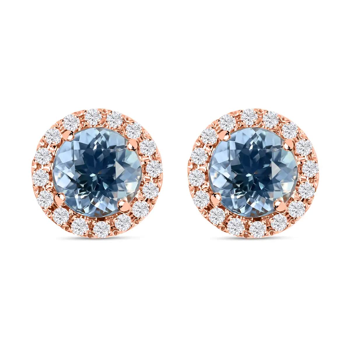 Certified & Appraised Iliana 18K Rose Gold AAA Santa Maria Aquamarine and G-H SI Diamond Halo Stud Earrings, Diamond Halo Earrings, Aquamarine Earrings, 18K White Gold Earrings 1.20 ctw image number 0