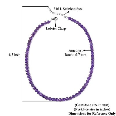 Amethyst 5-7mm Beaded Necklace (18-20 Inches) in Stainless Steel 130.00 ctw , Tarnish-Free, Waterproof, Sweat Proof Jewelry