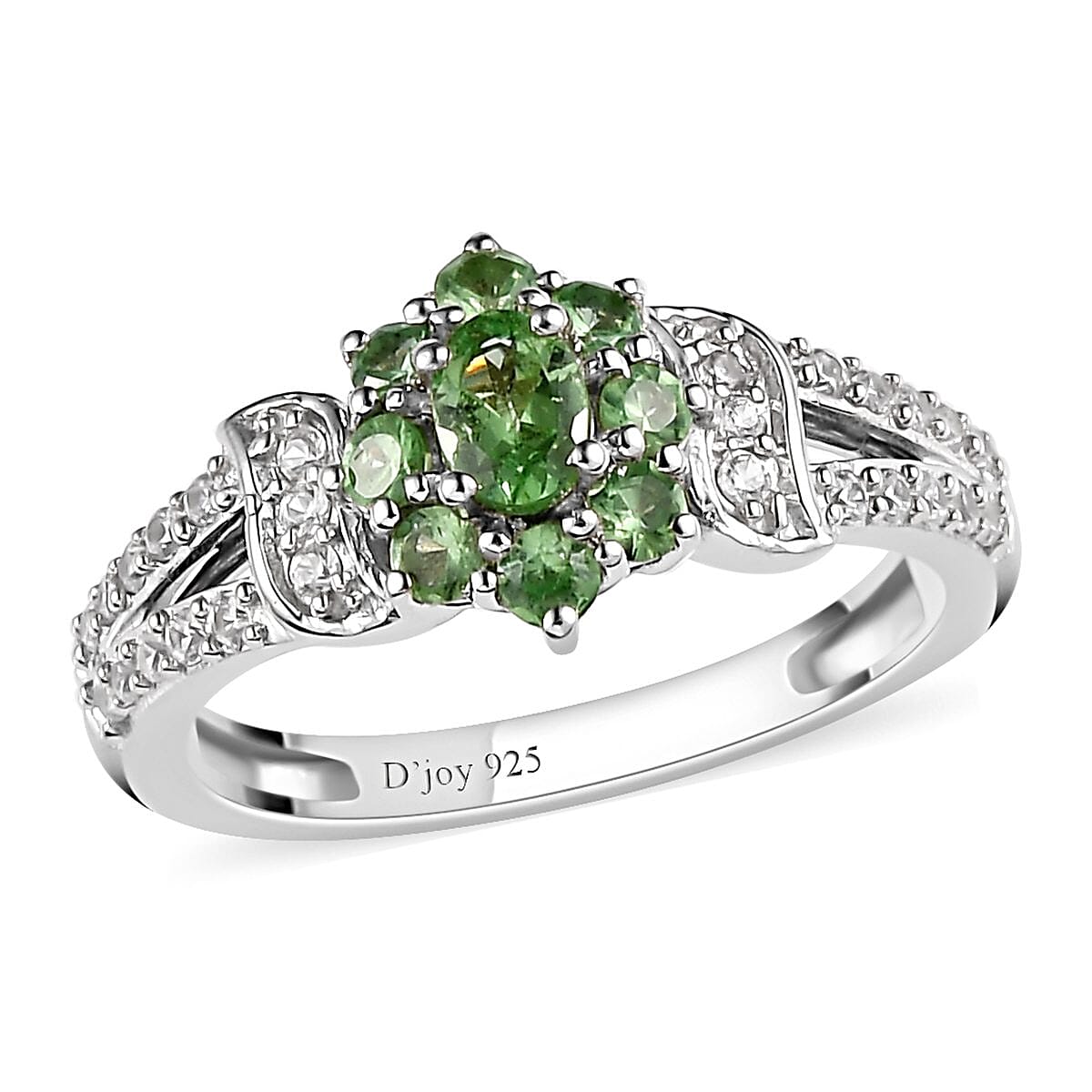 Premium Natural Tsavorite Garnet and Natural White Zircon Split Shank Ring in Platinum Over Sterling Silver 0.75 ctw image number 0