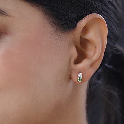 Premium Natural Tsavorite Garnet and Natural White Zircon Earrings in Vermeil Yellow Gold Over Sterling Silver 0.50 ctw