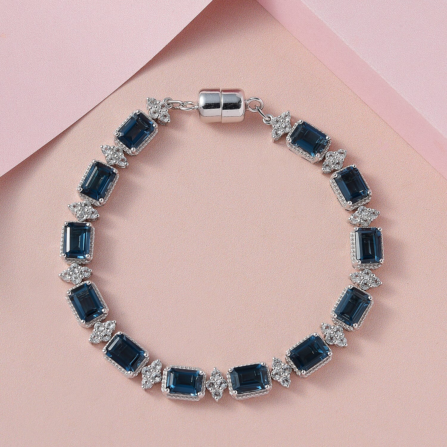 Premium London Blue Topaz and White Topaz 15.50 ctw Bracelet in Rhodium Over Sterling Silver (7.10 In)