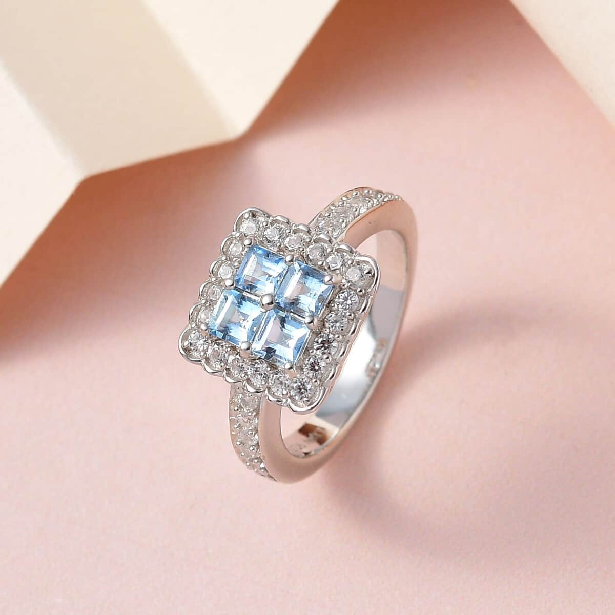 Santa Maria Aquamarine and Natural White Zircon Halo Ring in Platinum Over Sterling Silver 1.20 ctw image number 1