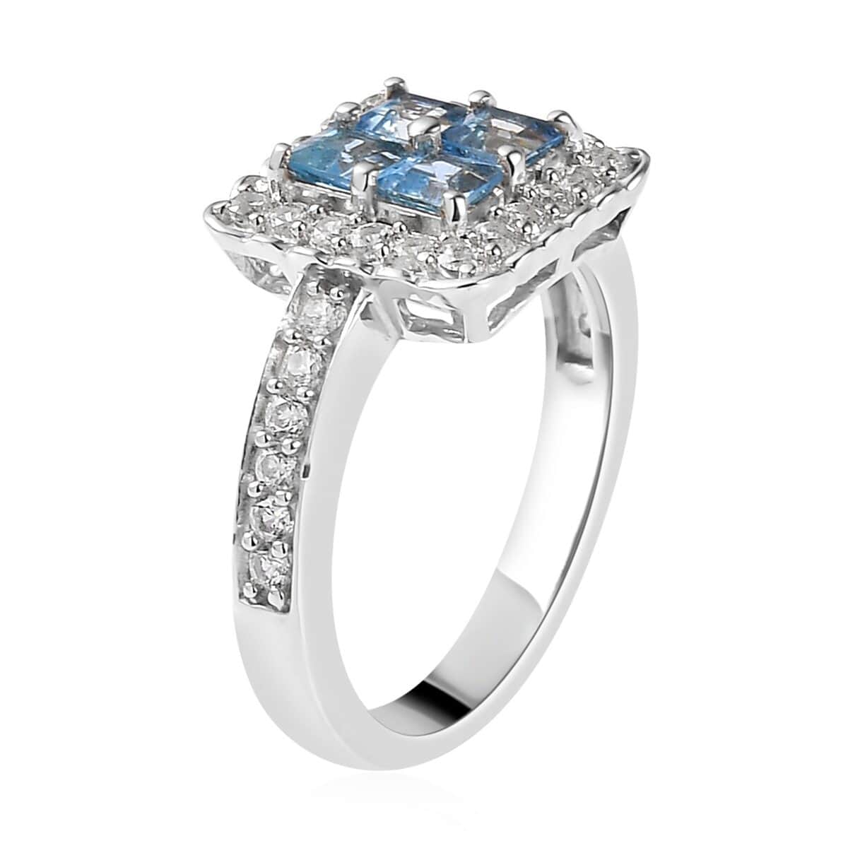 Santa Maria Aquamarine and Natural White Zircon Halo Ring in Platinum Over Sterling Silver 1.20 ctw image number 3