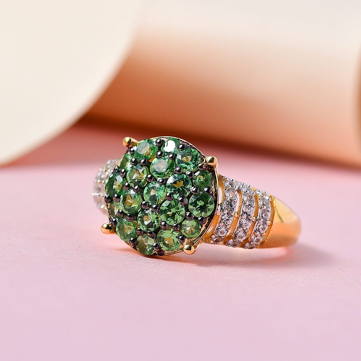 Premium Natural Tsavorite Garnet and Natural White Zircon Ring in Vermeil Yellow Gold Over Sterling Silver 1.65 ctw image number 1