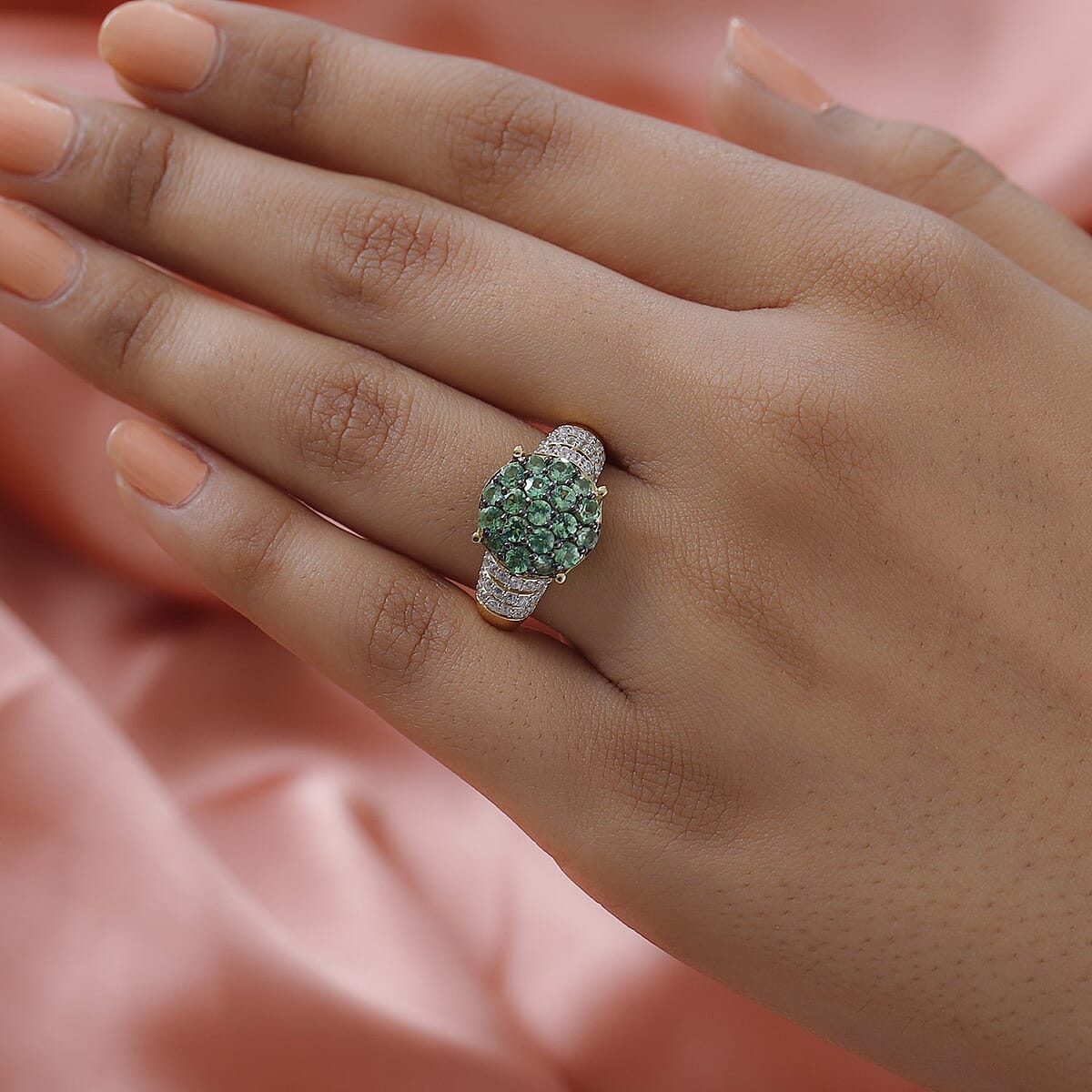 Premium Natural Tsavorite Garnet and Natural White Zircon Ring in Vermeil Yellow Gold Over Sterling Silver 1.65 ctw image number 2