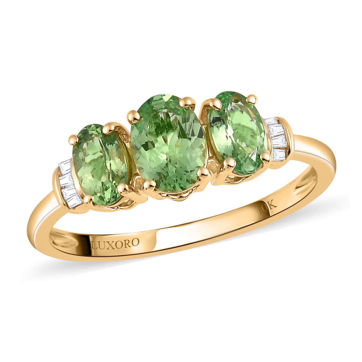 Luxoro 10K Yellow Gold Premium Natural Tsavorite Garnet and G-H I3 Diamond Trilogy Ring (Size 10.0) 2.10 Grams 1.75 ctw image number 0
