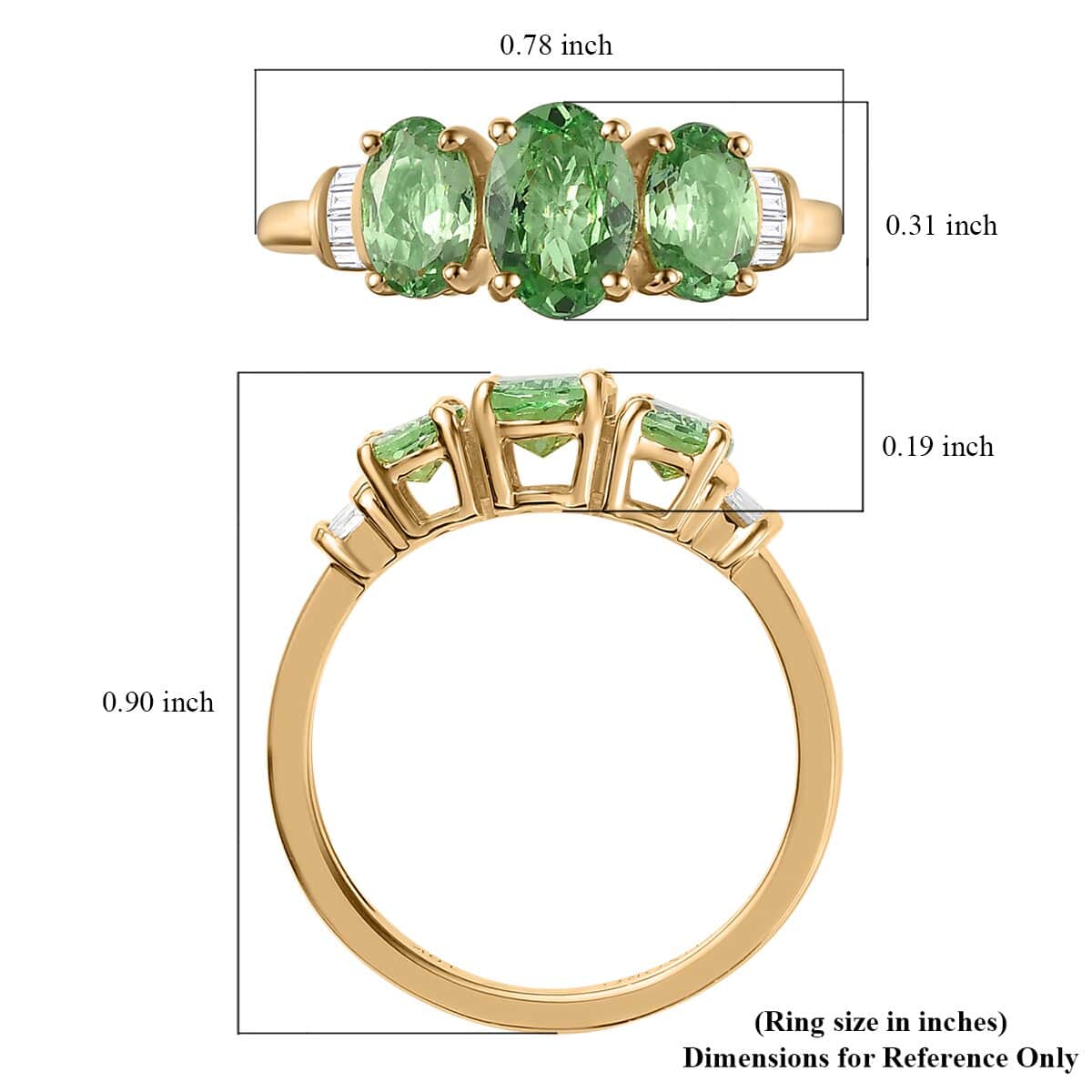 Luxoro 10K Yellow Gold Premium Natural Tsavorite Garnet and G-H I3 Diamond Trilogy Ring (Size 10.0) 2.10 Grams 1.75 ctw image number 5