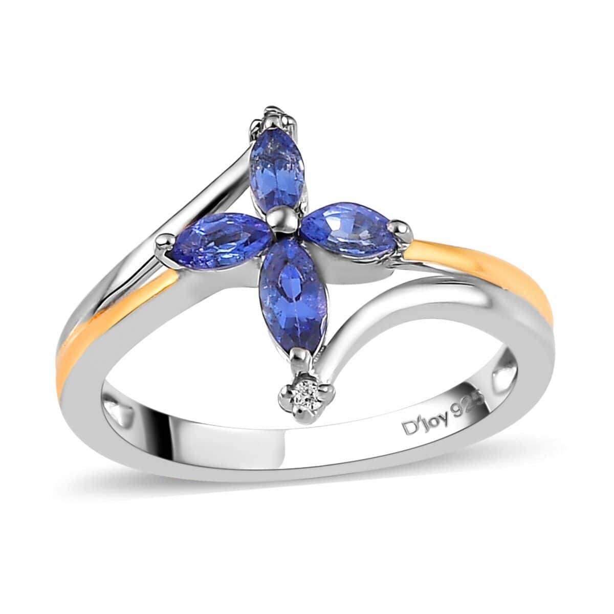 AAA Tanzanite, Natural White Zircon Floral Ring in Vermeil YG and Platinum Over Sterling Silver (Size 10.0) 0.40 ctw image number 0