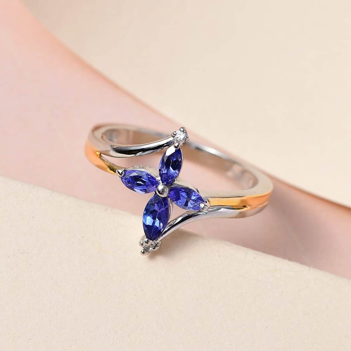 AAA Tanzanite, Natural White Zircon Floral Ring in Vermeil YG and Platinum Over Sterling Silver (Size 10.0) 0.40 ctw image number 1