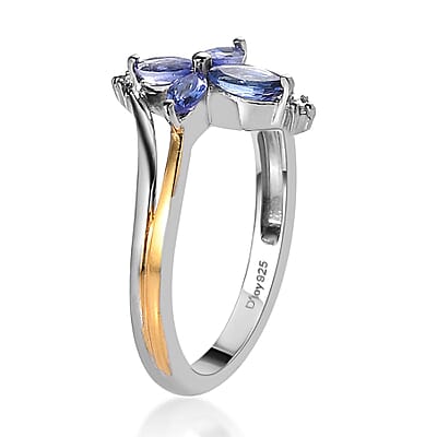 AAA Tanzanite and White Zircon Floral Ring in Vermeil Yellow Gold and Platinum Over Sterling Silver (Size 10.0) 0.40 ctw
